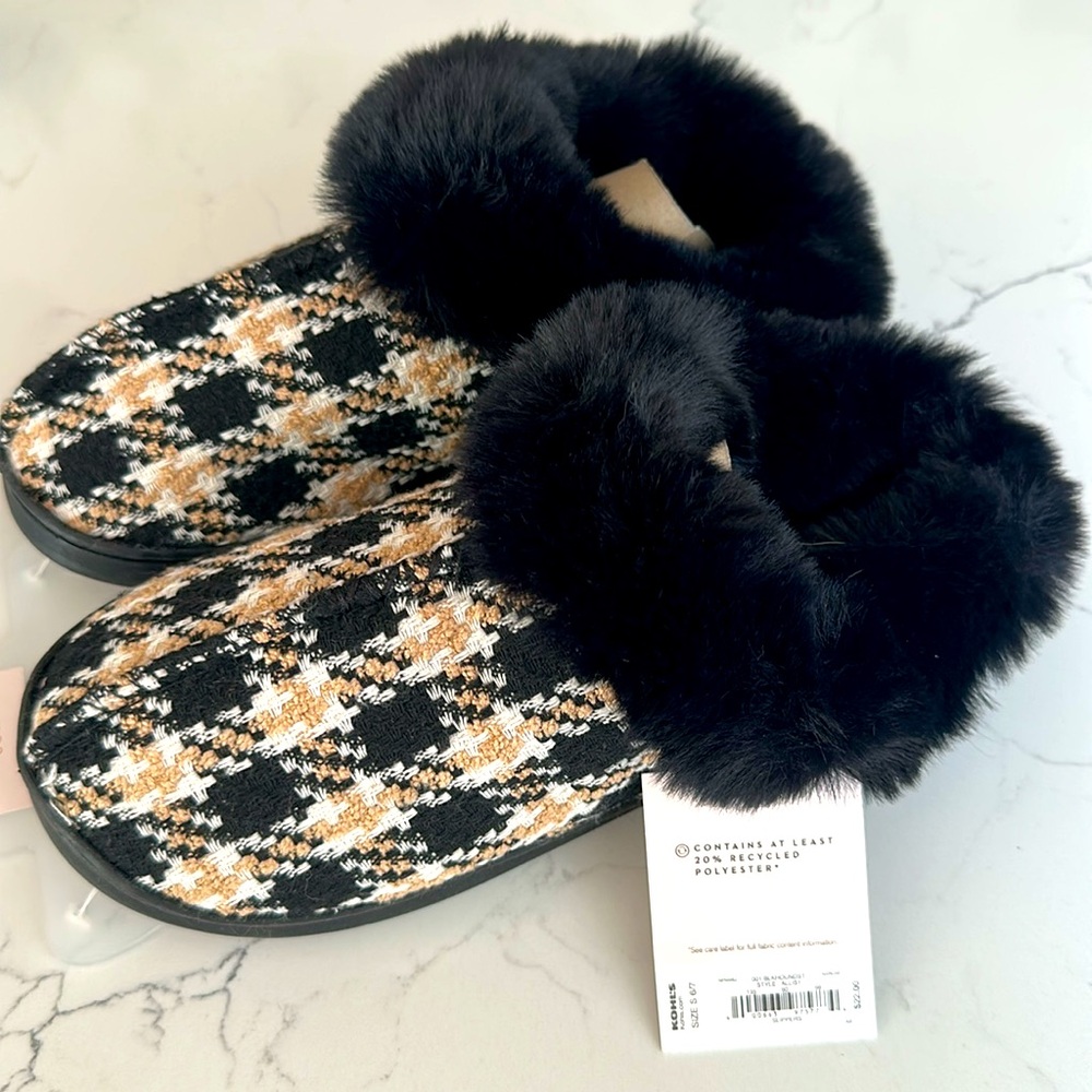 NWT Lauren Conrad Plaid Faux Fur Slippers